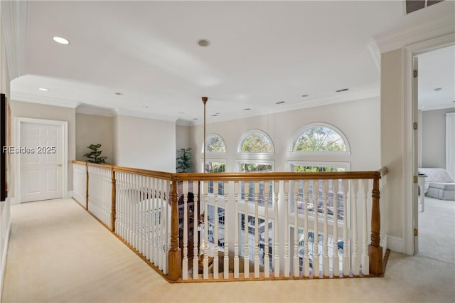 corridor with crown molding and light carpet