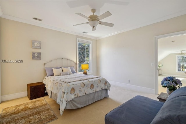 carpeted bedroom with multiple windows, ornamental molding, and ceiling fan