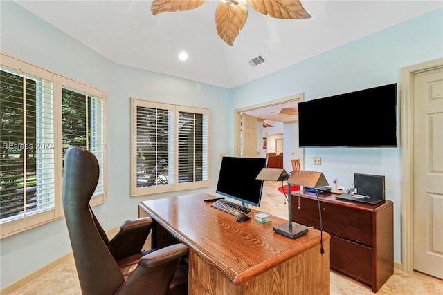 office area with ceiling fan