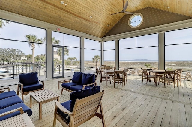 sunroom featuring a water view, ceiling fan, and wood ceiling