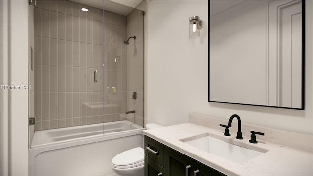 full bathroom featuring tiled shower / bath combo, vanity, and toilet