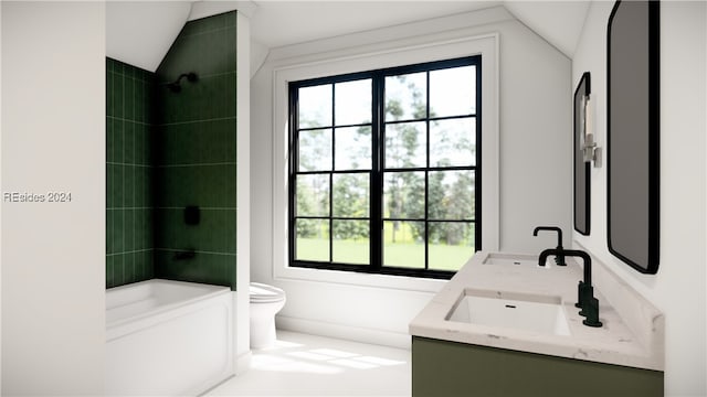 full bathroom featuring vanity, plenty of natural light, tiled shower / bath, and vaulted ceiling