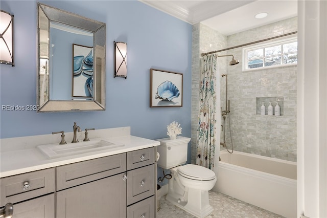 full bathroom featuring vanity, shower / tub combo, crown molding, and toilet