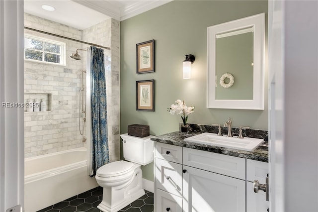 full bathroom featuring vanity, shower / bath combination with curtain, tile patterned floors, and toilet