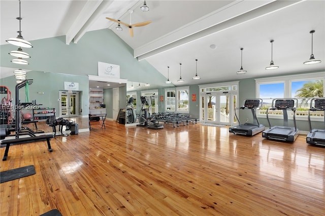 exercise room featuring french doors, ceiling fan, high vaulted ceiling, and light hardwood / wood-style flooring