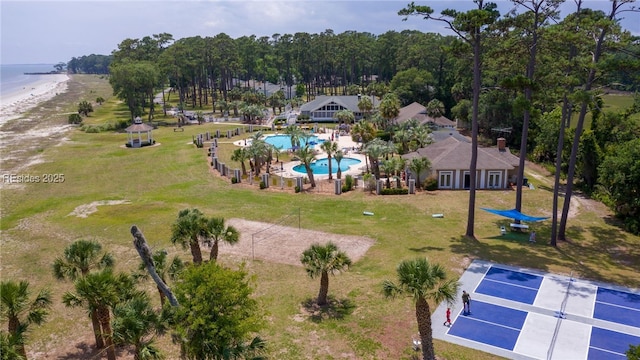 birds eye view of property featuring a water view