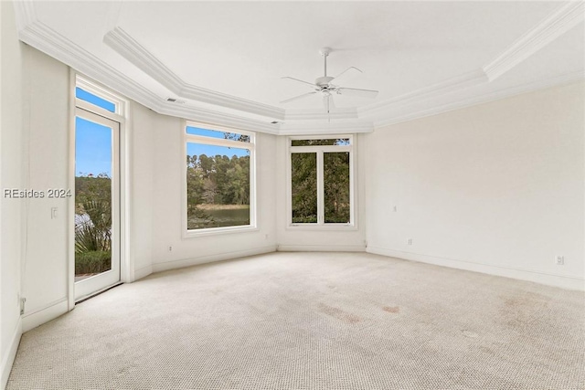 carpeted empty room featuring a raised ceiling, ornamental molding, and ceiling fan