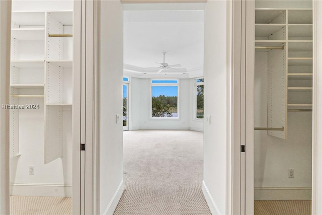 hallway featuring crown molding and light carpet