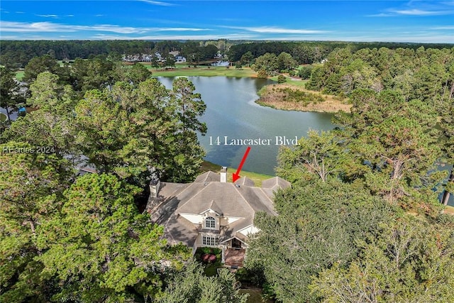 aerial view featuring a water view