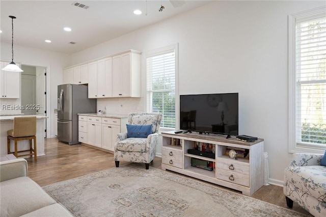 living room featuring plenty of natural light and light hardwood / wood-style flooring