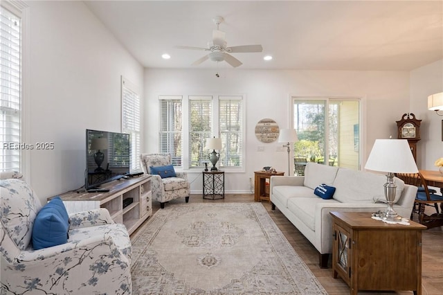 living room with hardwood / wood-style floors and ceiling fan