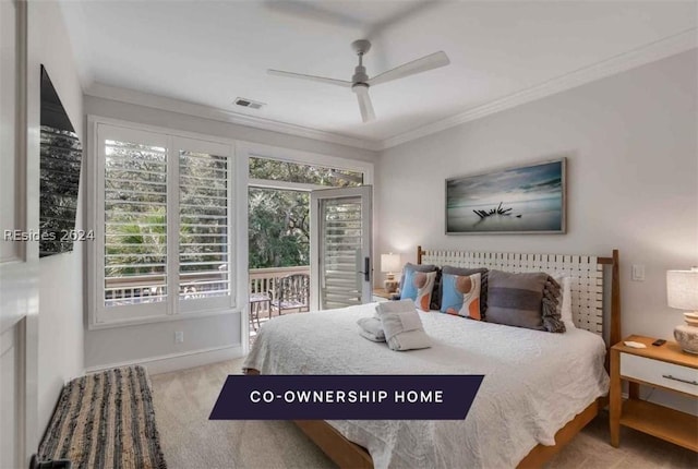 carpeted bedroom featuring access to exterior, crown molding, and ceiling fan