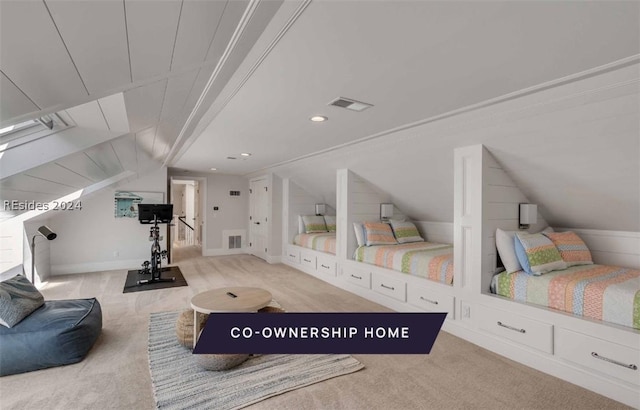 bedroom featuring crown molding, lofted ceiling, and light carpet