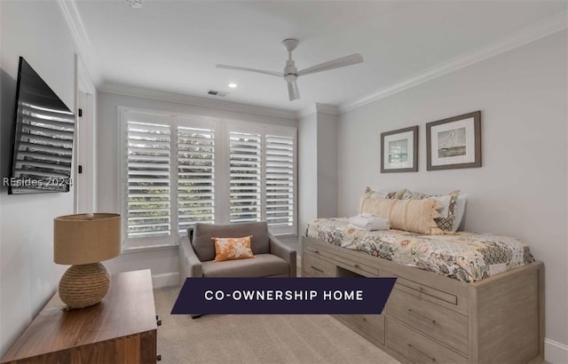 carpeted bedroom featuring crown molding and ceiling fan