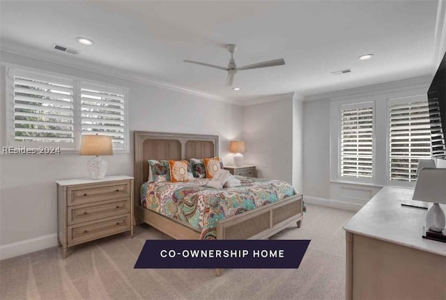 bedroom with multiple windows, crown molding, light carpet, and ceiling fan