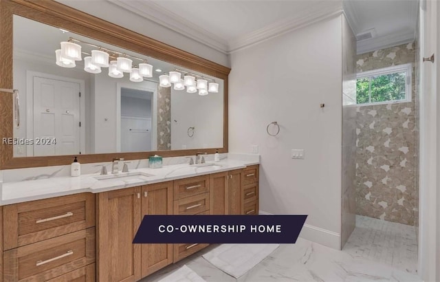 bathroom with crown molding, vanity, and walk in shower