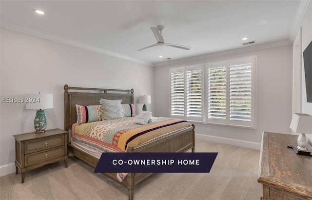 carpeted bedroom with ceiling fan and ornamental molding