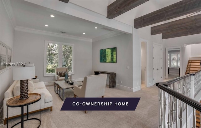 living room featuring beamed ceiling, ornamental molding, and light colored carpet