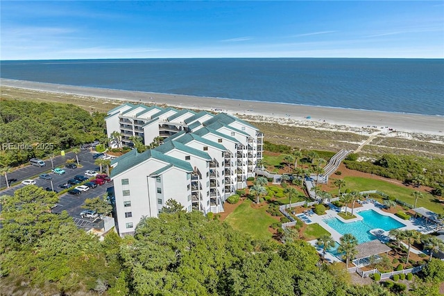 aerial view featuring a beach view and a water view