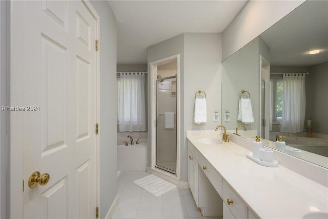 bathroom featuring tile patterned flooring, plus walk in shower, and vanity