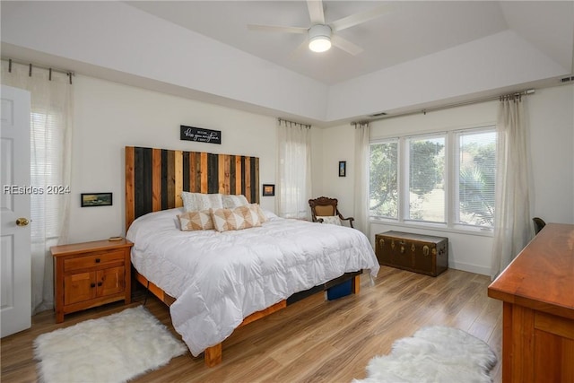 bedroom with light wood-type flooring, ceiling fan, and a tray ceiling