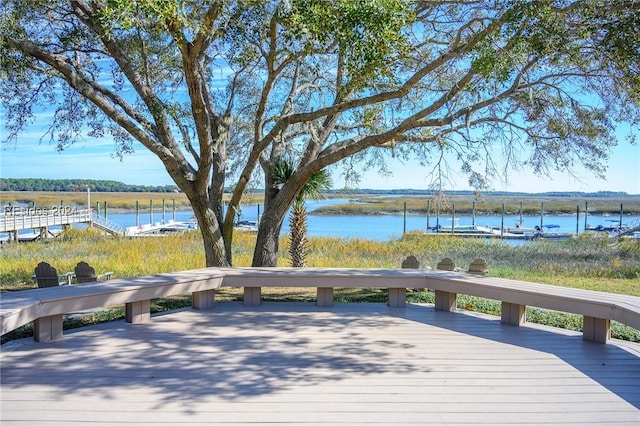 wooden terrace featuring a water view