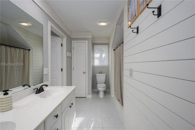 bathroom with wooden walls, vanity, ornamental molding, walk in shower, and toilet