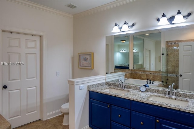 bathroom with toilet, crown molding, vanity, a shower with door, and tile patterned flooring