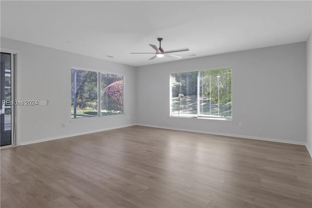 unfurnished room with ceiling fan and light wood-type flooring