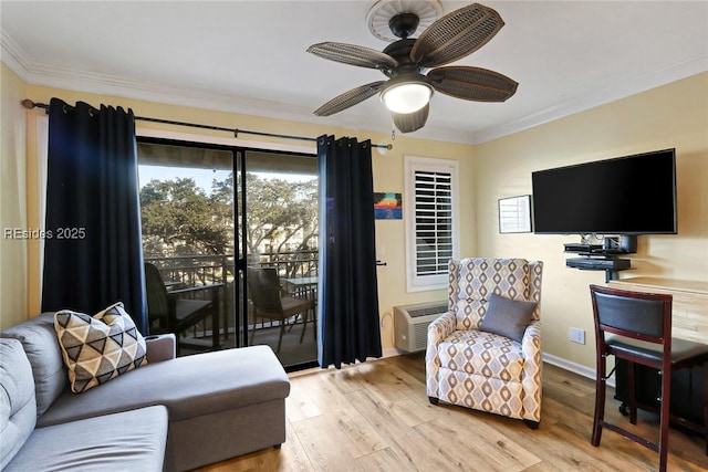 living room featuring light hardwood / wood-style flooring, ornamental molding, a wall unit AC, and ceiling fan