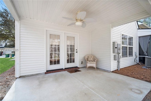 exterior space with ceiling fan and central air condition unit