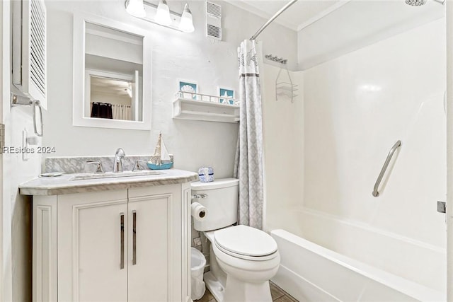 full bathroom with vanity, shower / bath combination with curtain, and toilet