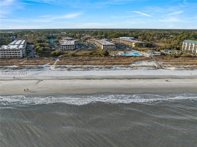 aerial view with a beach view and a water view