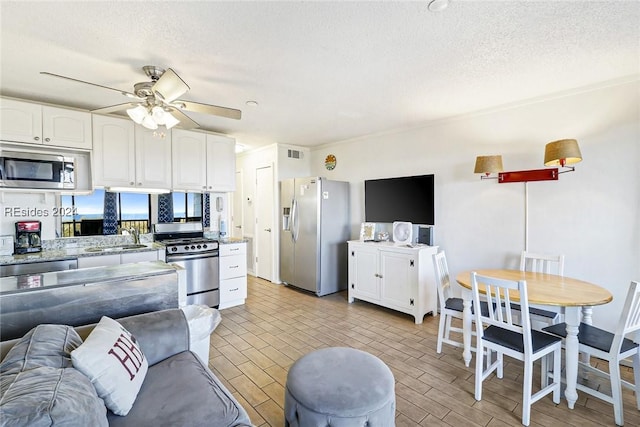 kitchen with sink, white cabinetry, a textured ceiling, appliances with stainless steel finishes, and ceiling fan