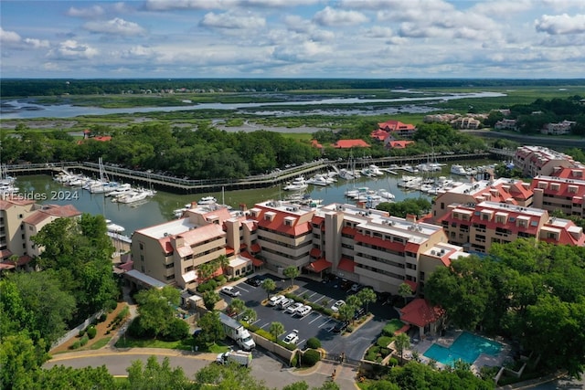 drone / aerial view featuring a water view