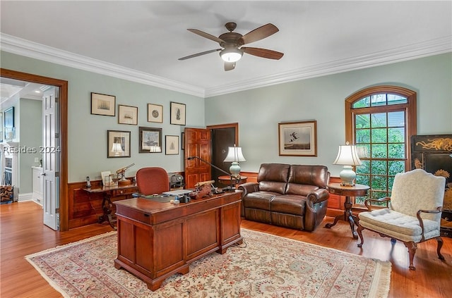 home office featuring ornamental molding, ceiling fan, and light hardwood / wood-style floors