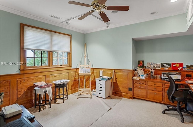 office space featuring ceiling fan, light colored carpet, ornamental molding, and rail lighting