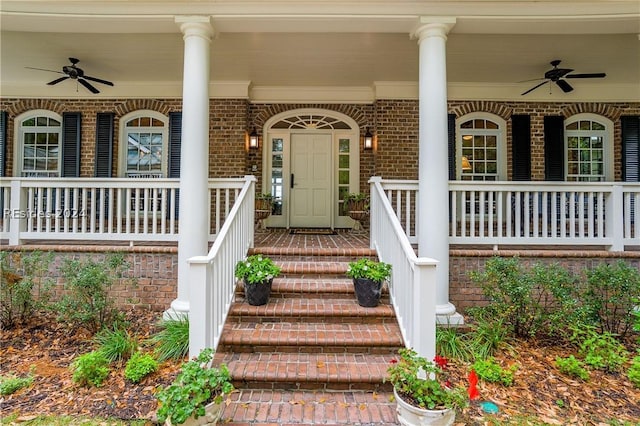 doorway to property featuring ceiling fan and covered porch