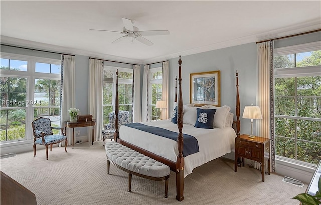 carpeted bedroom featuring multiple windows, crown molding, and ceiling fan