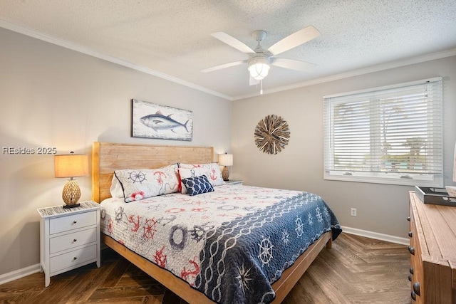 bedroom featuring ornamental molding, dark parquet flooring, a textured ceiling, and ceiling fan