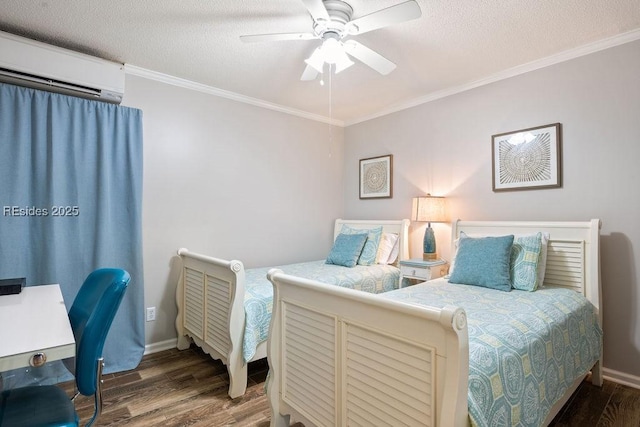 bedroom with dark wood-type flooring, a textured ceiling, an AC wall unit, ornamental molding, and ceiling fan