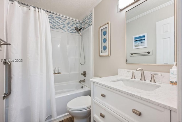 full bathroom featuring shower / tub combo with curtain, crown molding, vanity, a textured ceiling, and toilet