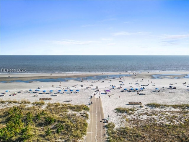 property view of water featuring a beach view