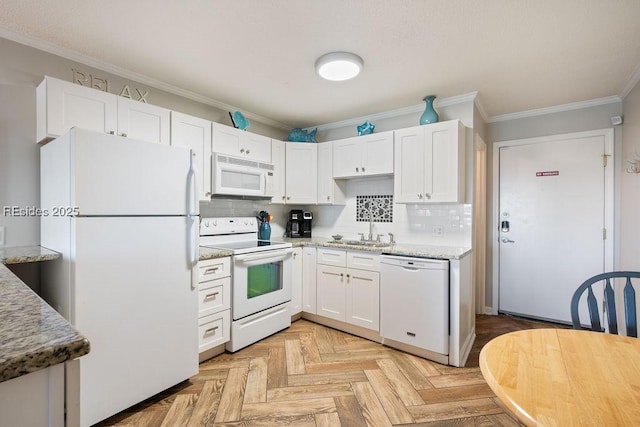 kitchen with sink, white cabinetry, white appliances, light parquet flooring, and decorative backsplash