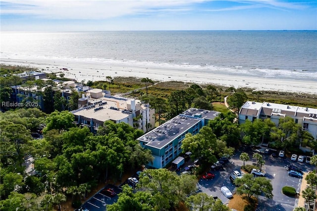 aerial view featuring a view of the beach and a water view