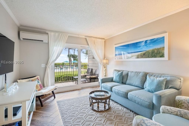 living room with light parquet floors, crown molding, a textured ceiling, and a wall unit AC