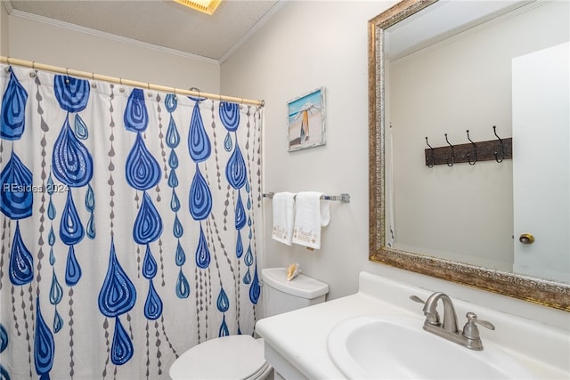 bathroom featuring vanity, toilet, crown molding, a textured ceiling, and a shower with curtain