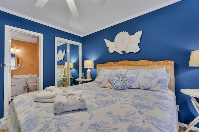 bedroom featuring crown molding, ensuite bathroom, ceiling fan, and a closet