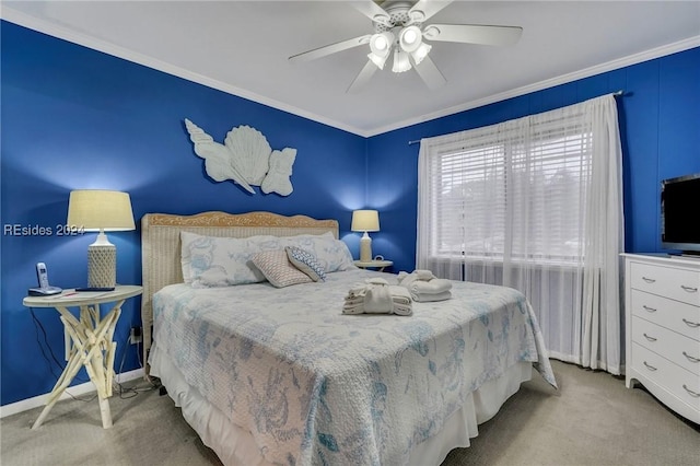 bedroom with crown molding, light colored carpet, and ceiling fan