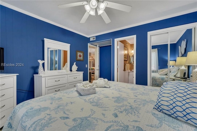 bedroom with crown molding, a closet, ceiling fan, and ensuite bathroom